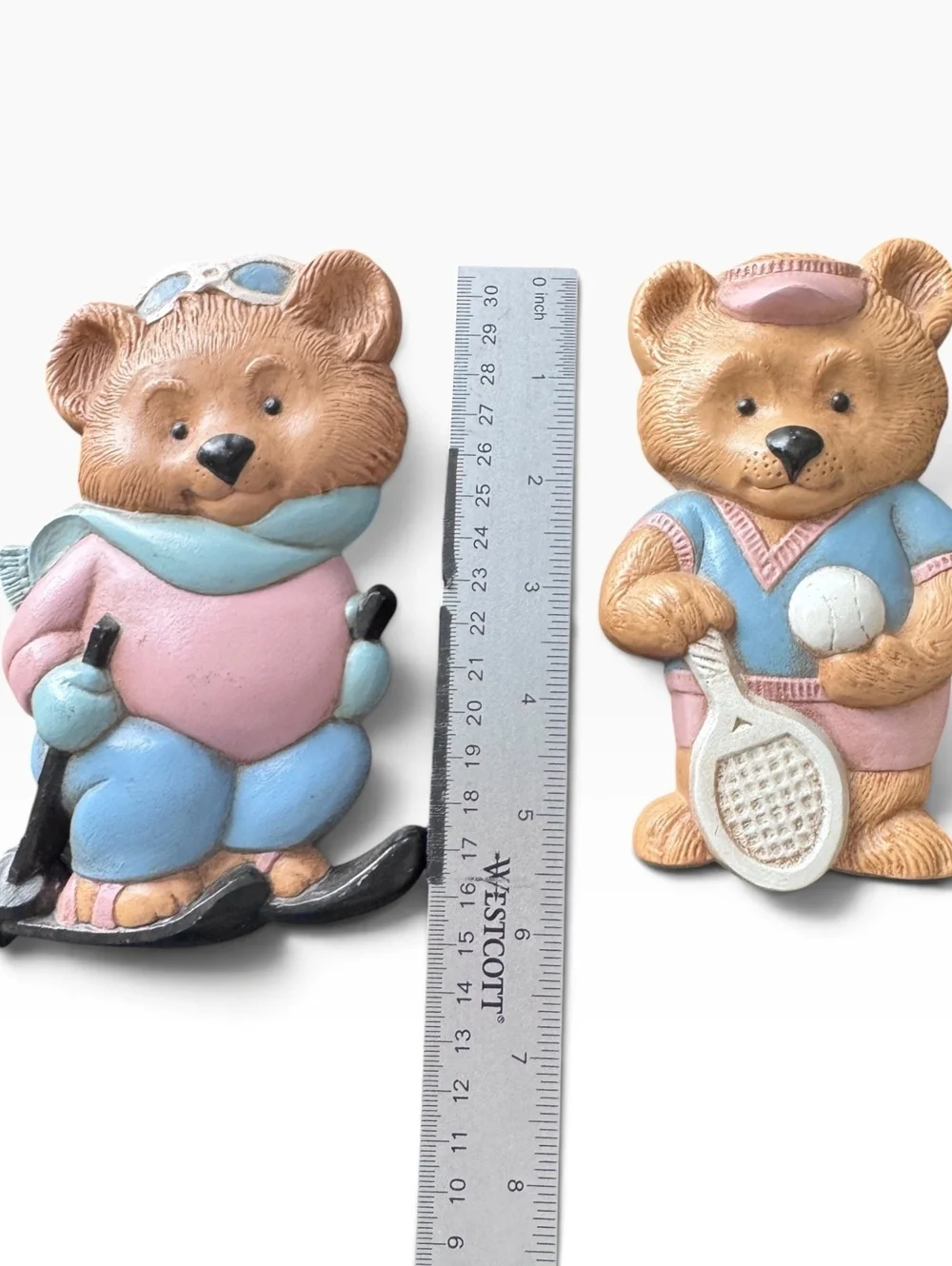 Vintage Burwood Teddy Bear Sports Wall Plaques Set of 2 Ski Tennis 1980s Pastel